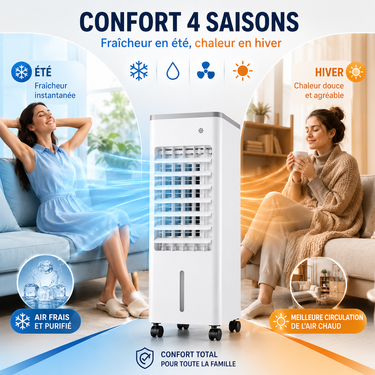Climatiseur Mobile 3-en-1 — Refroidisseur, Humidificateur & Purificateur d'Air Portable